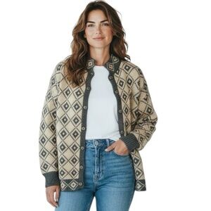 Hallet San Francisco Genuine Alpca Cardigan Sweater Size M Gray & Cream Peru